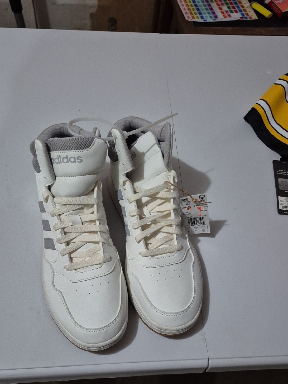 adidas Mens White High-Top Sneakers with Gray Stripes